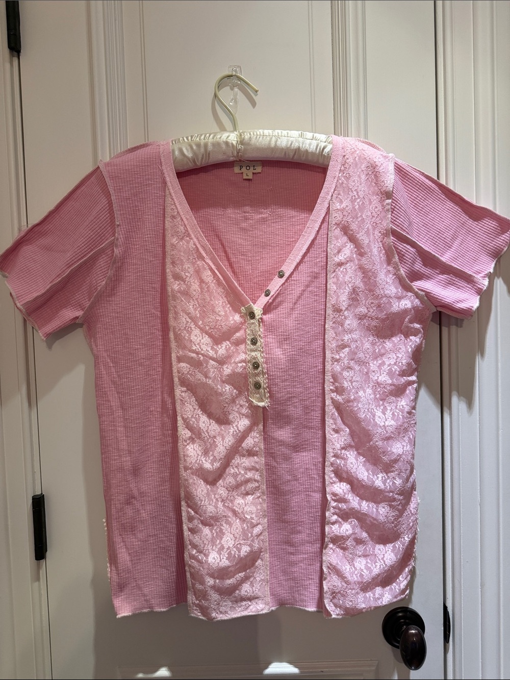 POL Pink Lace Panel Short Sleeve Top-Size L-NWOT